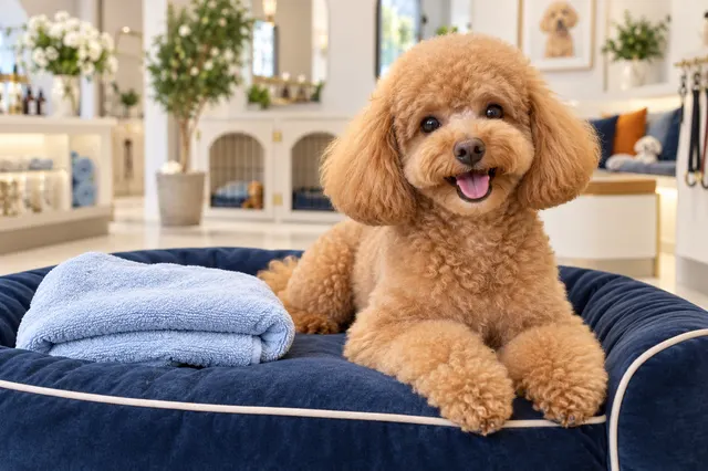 Freshly groomed poodle relaxing on a soft pet bed